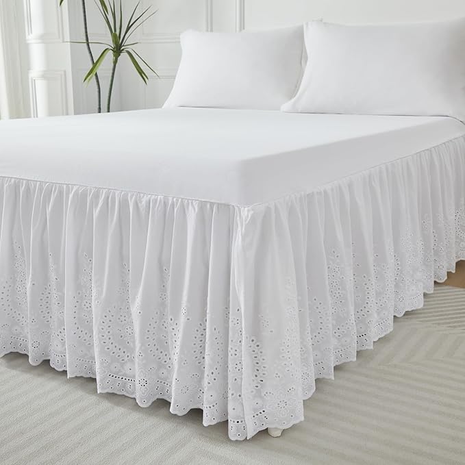 Brandream White Eyelet Bed Skirt Queen Size 100% Cotton Ruffled Dust Ruffle Bed Skirt 18 Inch Drop with Embroidered Floral Design Queen Size Beds