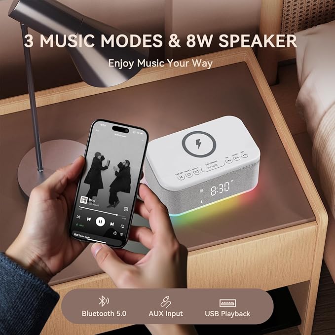 Wireless Charging Alarm Clock Bedroom, Loud Digital Alarm Clocks Bedrooms, Alarm Clock Night Light Speaker 8W Snooze Dual Alarm 12/24H Adjustable Brightness Dimmer Bluetooth, Grey