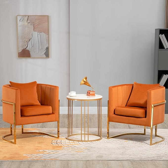 Velvet Modern Accent Chair, Upholstered Barrel Armchair Mid Century with Pillow for Living Room, Comfy Single Vanity Chair with Metal Gold Legs for Bedroom, Orange