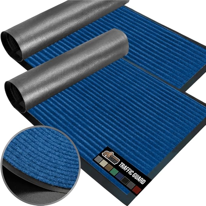 GORILLA GRIP Waterproof Traffic Guard Door Mat, 2 Pack Heavy Duty Entryway Mats, Strong Rubber Back Commercial Utility Rugs for Office Hallway, Garage Floor and Home, Low Profile Carpet, 35x23, Blue
