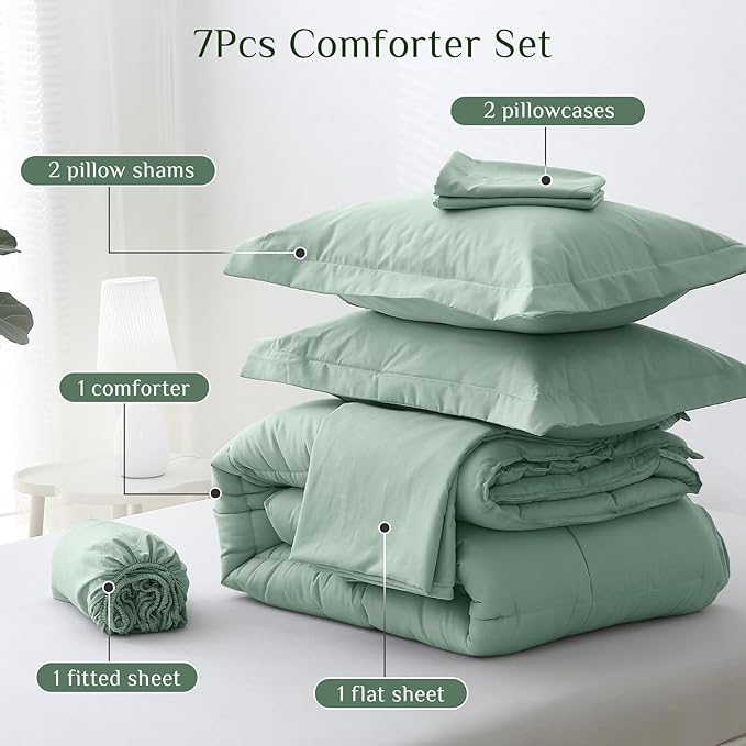 JOLLYVOGUE Full Comforter Set, Ultra-Soft Bed in a Bag Full Size 7 Pieces, Oeko-TEX Certified Bedding Set with Down Alternative Comforter, Sheets, Pillowcases & Shams, Sage Green