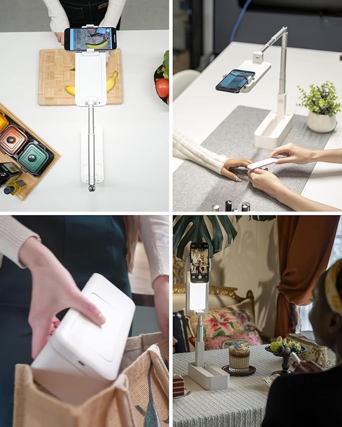 Phone Stand for Recording, Overhead Phone Mount with Light, Selfie Stand,Portable,Extendable,360° Rotate,Adjustable,Wireless Remote,Rechargeable, for 3.5-6.9" Phones, Live Streaming, White