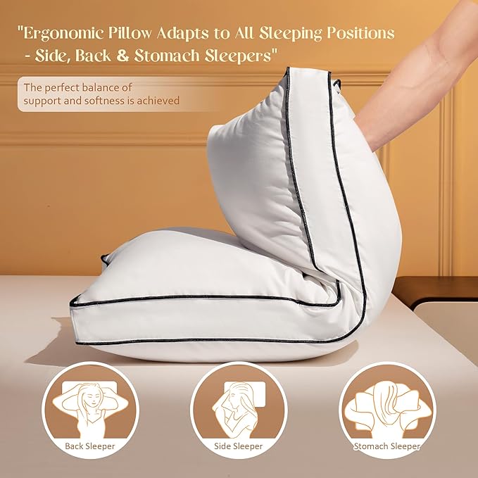 Feather Down Pillows Queen Size Set of 2 with Gusset, Luxury Hotel Collection Bed Pillow 2 Pack, Down Surrounded Gusseted Pillows for Sleeping, Soft Fluffy for Side, Back Sleepers 20x28+2 in.