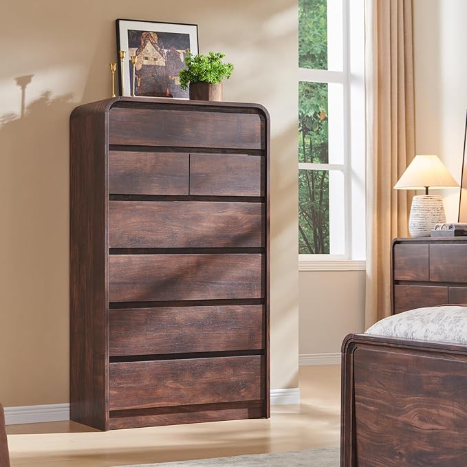 Modern 7 Drawers Dresser for Bedroom, 55" Tall Dressers & Chest of Drawers w/Curved Profile Design, Wood Mid Century Vertical Storage Dressers Organizer for Bedroom, Living Room, Brown