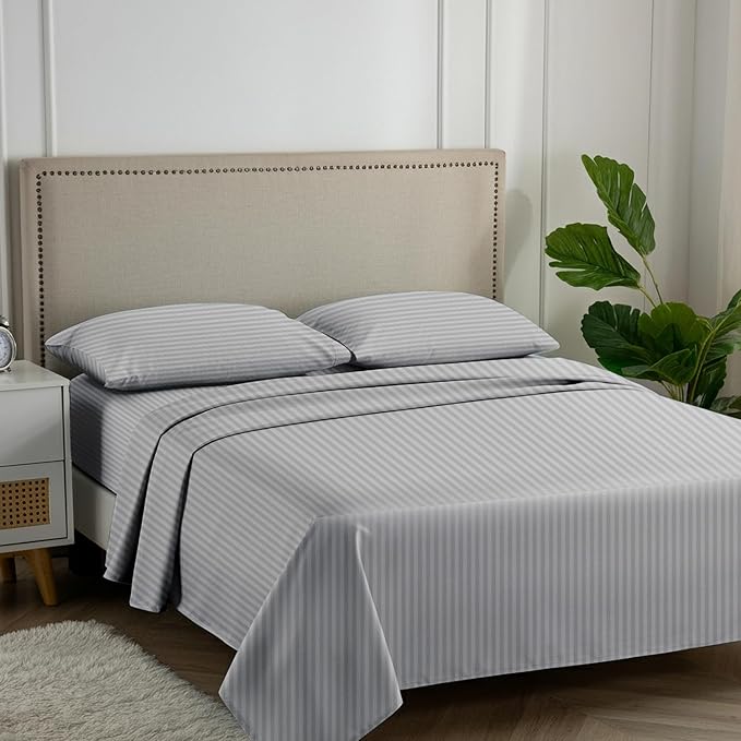 Carressa Linen Luxury Egyptian Cotton California King Stripe Sheet Set, 600 Thread Count Extra Long Staple 4 PC Set, Cal King Stripe Sheets, Soft, Cooling Striped Sheets 16 in Deep Pocket - Silver