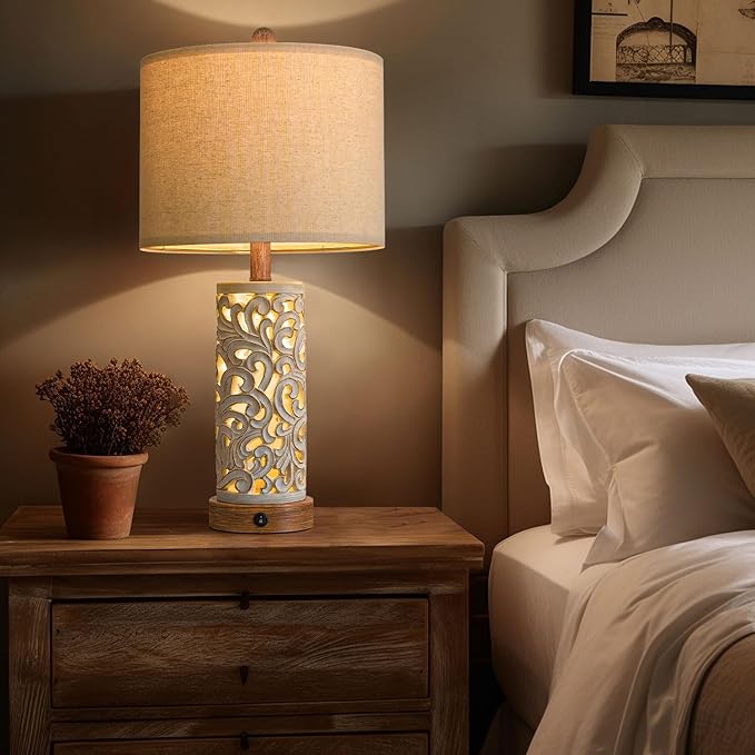 OYEARS 22'' Table Lamp Set of 2 for Living Room,Farmhouse Lamp for for Bedroom,Vintage Retro Bedside Lamps with USB Ports Linen Shade for Home Office (Brown, Bulb Included)
