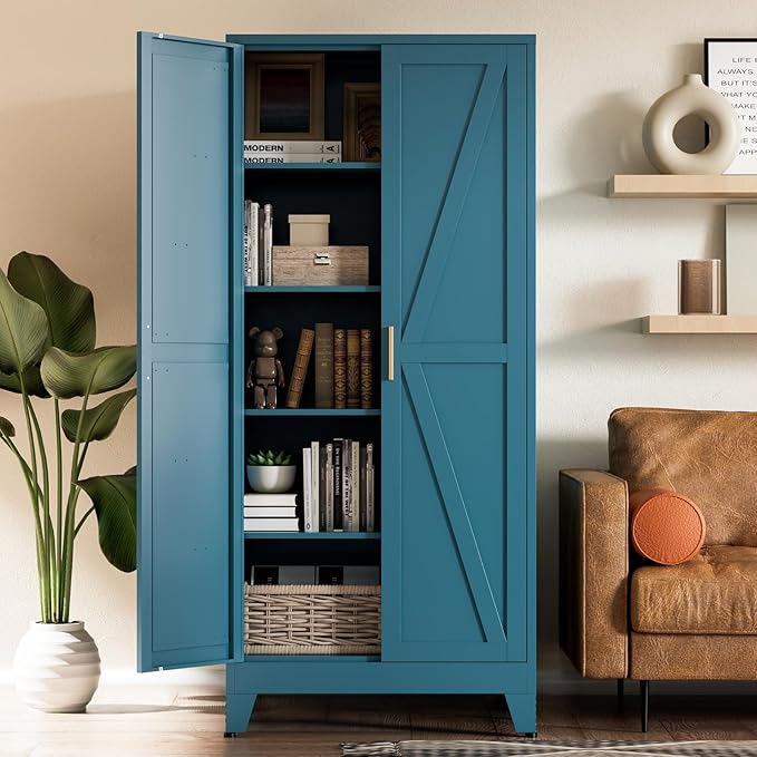 COFaR Home Farmhouse Storage Cabinet with Barn Door, Tall Kitchen Pantry Cupboard with Adjustable Shelves, for Dining Room, Bathroom, Living Room Blue.