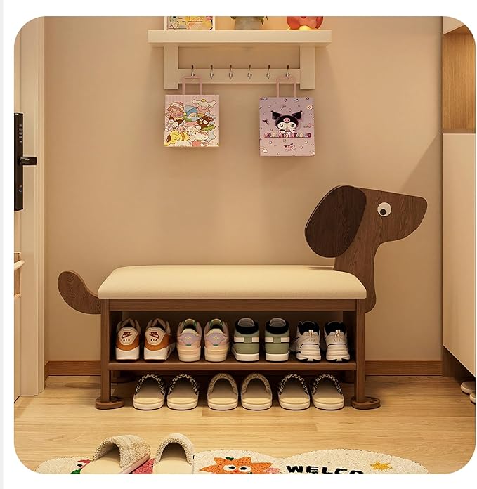 Shoe Bench with Cushion, 2-Tier Dog Entryway Bench Cute, Wood Shoe Rack Bench,31.5 inches