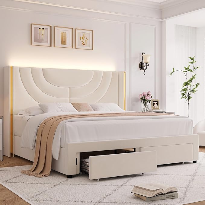 HITHOS Queen Upholstered LED Bed Frame with 2 Storage Drawers, Velvet Platform Bed with Wingback Headboard, Solid Wooden Slats Support, No Box Spring Needed, Headboard Splicing Design, Beige