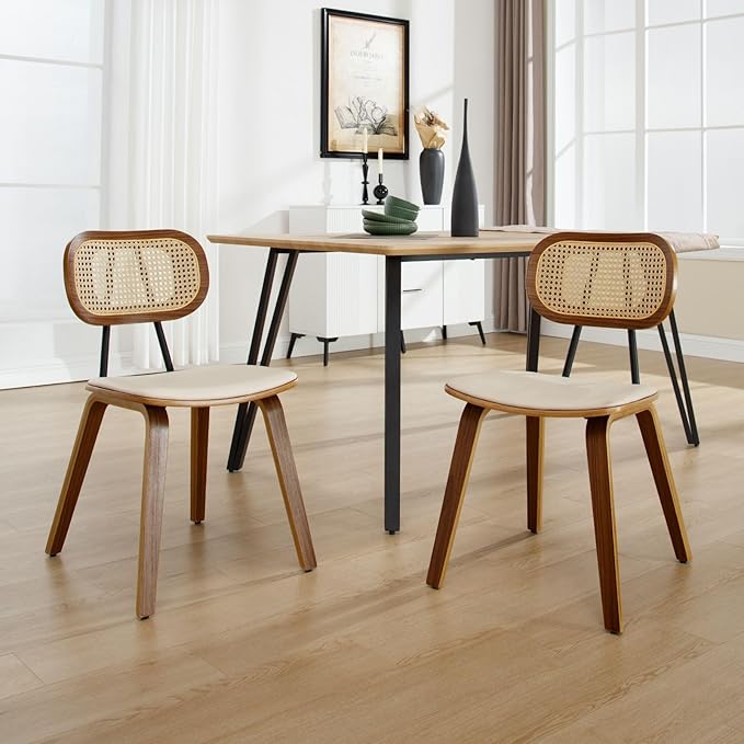 HEAH-YO Modern Dining Chairs Set of 2, Upholstered Faux Leather Dining Room Chairs with Rattan Backrests and Wood Legs, Armless Kitchen Chairs for Dining Room, Beige
