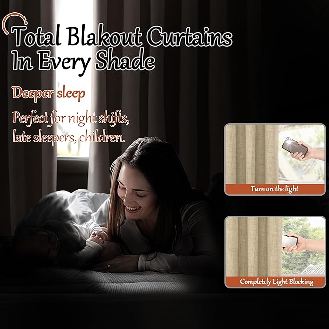 100% Blackout Curtains 95 Inches Long for Living Room 2 Panels Set, Faux Linen Textured Floor Length 95 Inch Thermal Insulated Bronze Grommet Boho Window Drapes, Each 52" Wide, Burlap
