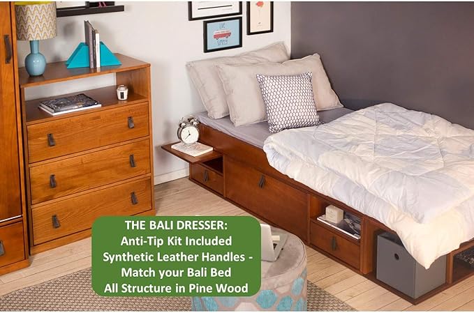 memomad Bali Storage Platform Bed with Drawers (Twin Size, Caramel Brown Wood)