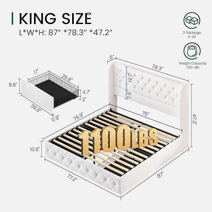 LARMACE King Size Bed Frame with 4 Storage Drawers and Wingback Headboard Velvet Upholstered Platform Bed Frame Tufted Beds with Wooden Slats Support, Easy Assembly, White