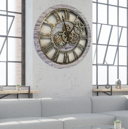 The Gears Clock The Original Real Moving Gear Wall Clock Vintage Industrial Oversized Rustic Farmhouse (24 inch (60cm),Silver Grey)