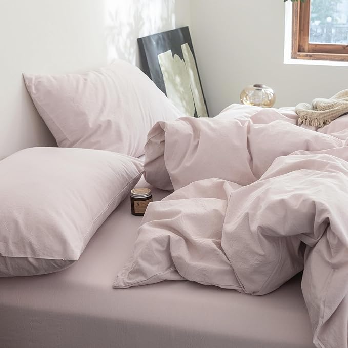 FOSSA Duvet Cover Set 100% Washed Cotton Linen Feel Super Soft Breathable Cozy 3 Pieces Bedding Sets Solid Greyish Pink Queen