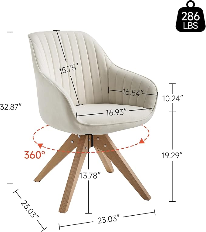 Zouron Mid Century Modern Swivel Accent Chair, Vanity Chair with Wooden Legs, Upholstered Arm Chair No Wheels, Accent Side Chair for Small Space Home Office Living Room Bedroom, Raw White