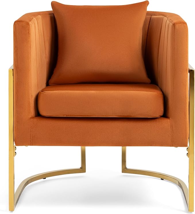 Velvet Modern Accent Chairs Set of 2, Upholstered Barrel Armchair Mid Century with Pillow for Living Room, Comfy Single Vanity Chair with Metal Gold Legs for Bedroom, Orange