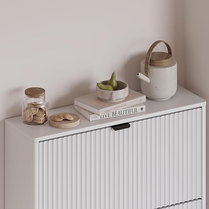 Entryway Shoe Cabinet with 3 Flip Drawers, Narrow Shoe Organizer Cabinet with Fluted Panel and Adjustable Shelves for Foyer, Hallway