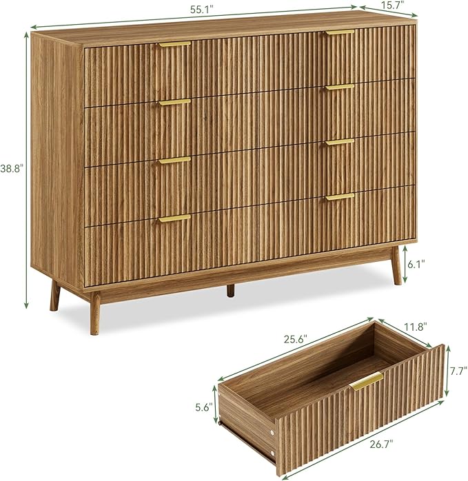 LYNSOM Fluted Dresser and Nightstand Sets 3 Piece, 8-Drawers Dresser and 1-Drawer Nightstands Set of 2, Wood Bedroom Furniture Set for Home, Bedroom, Hallway, Walnut