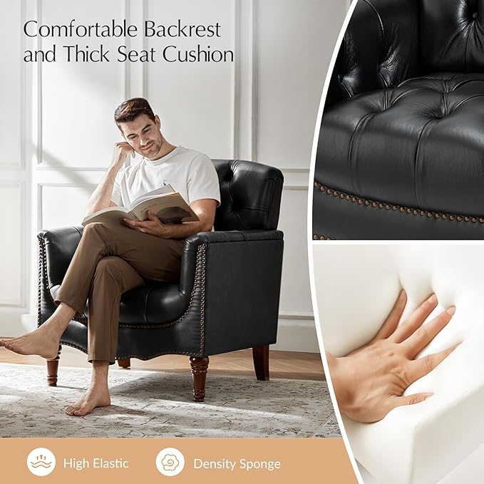 HULALA HOME Mid Century Modern Leather Club Chairs, Top-Grain Genuine Leather Armchairs with Button-Tufted Back & Solid Wood Legs, Accent Chairs for Living Room/Bedroom/Home Office, Black