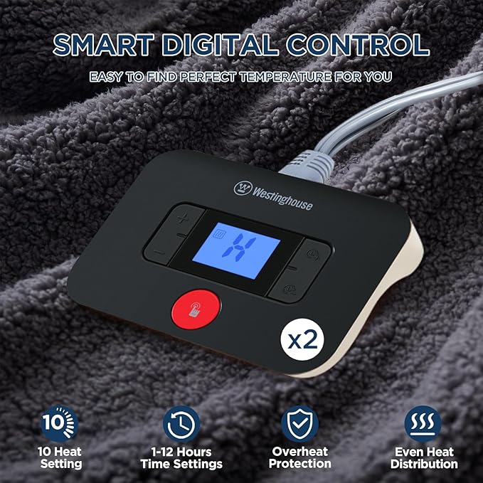 Westinghouse Electric Blanket Queen Size, Soft Plush Sherpa Heated Blanket with 10 Heating Levels & 1-12 Hours Auto-Off, Machine Washable, 84x90 inches, Darkgrey
