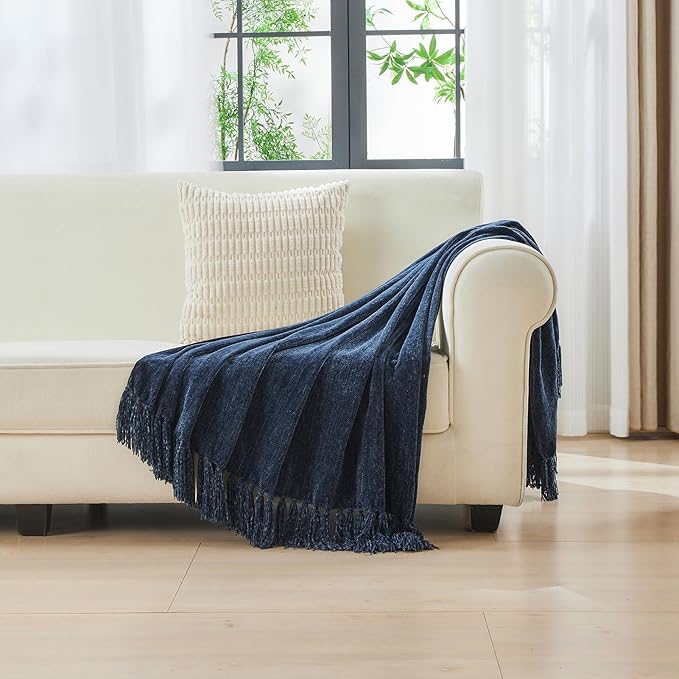 CozeCube Chenille Throw Blanket for Couch, Cozy Plush Fuzzy Decorative Navy Blue Blanket with Fringe Tassels, Lightweight Throws for Bed Sofa Gift Home Decor, 60"X80"
