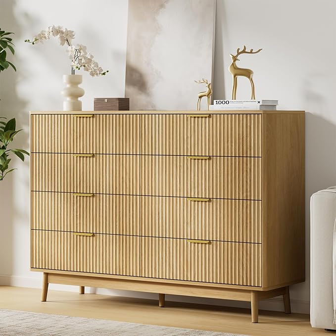 LYNSOM Fluted Dresser and Nightstand Sets 3 Piece, 8-Drawers Dresser and 1-Drawer Nightstands Set of 2, Wood Bedroom Furniture Set for Home, Bedroom, Hallway, Oak