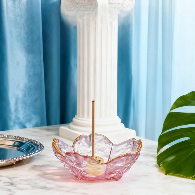 Incense Burner, Incense Holder for Backflow and Sticks Handmade Glass Cherry Blossom Incense Stick Holder with 9 Incense Holes Incense Burner Ash Catcher,for Meditation,Home Decor (with Gilt-Edged)