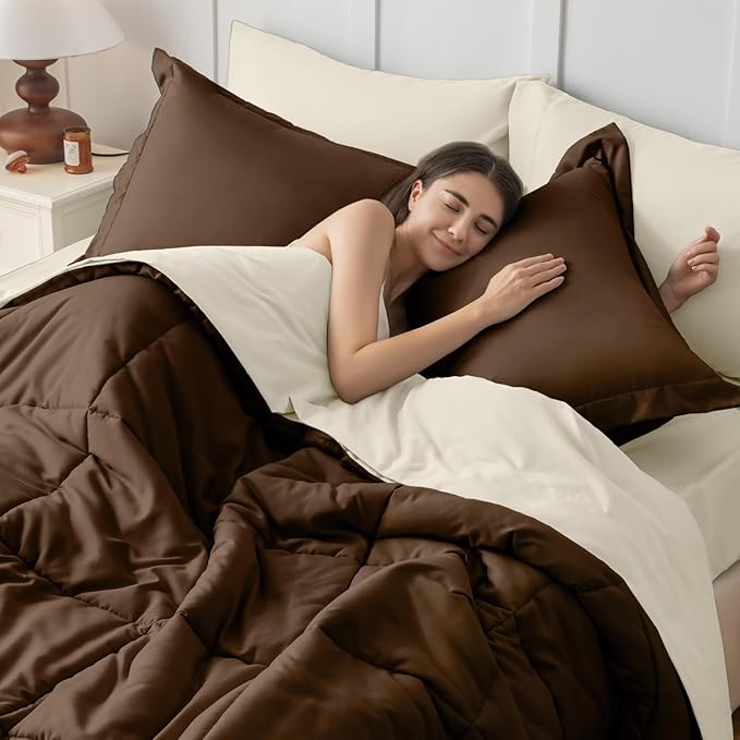 JOLLYVOGUE King Comforter Set, Ultra-Soft Bed in a Bag King Size 7 Pieces, Oeko-TEX Certified Bedding Set with Down Alternative Comforter, Sheets, Pillowcases & Shams, Brown & Beige