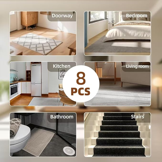 Rug Carpet Non Slip Grippers 8PCS, Reusable Double Sided Rug Pads Corner Gripper Tape for Area Rugs on Hardwood Floors, Strong Adhesive No Damage Removable Carpet Stickers