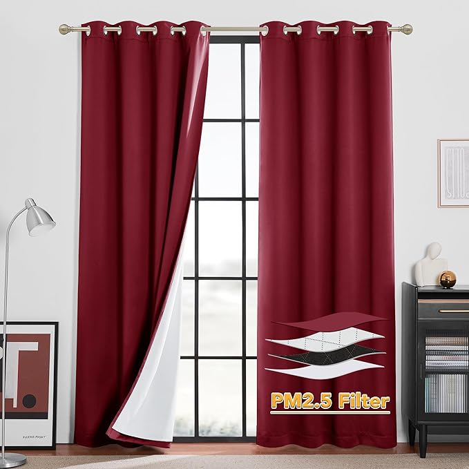 RYB HOME Soundproof & Dust Particle Filtering Curtains Blackout Window Treatment for Bedroom Living Room Divider Nursery Daytime Sleeping Patio Door, Burgundy Red, W52 x L 108 inch, 2 Panels