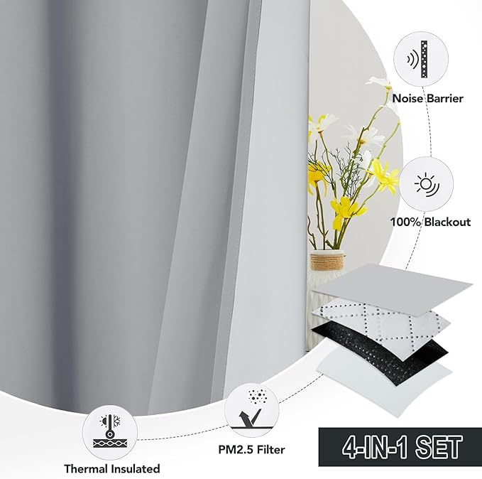 RYB HOME PM 2.5 Filter Curtains for Living Room/Bedroom, Soundproof Blackout Large Window Curtains for Dust Sandstorms Smog Pollen Odor Filtering, Silver Grey, W42 x L84 inch, 2 Panels