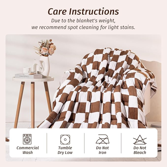 Wemore Flannel Fleece Weighted Blanket for Adult Twin Size 15 lbs, Dual Sided Luxurious Checkerboard Grid Heavy Blankets, Ultra Soft Throw Blanket, Plaid Khaki, 48 x 72 inches