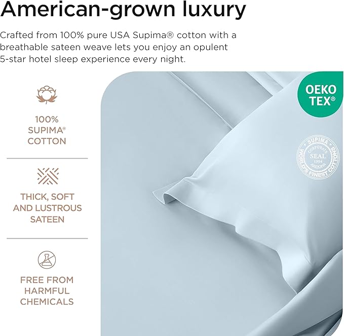 Threadmill Supima King Size Sheets, 1200 Thread Count, 4 Piece American Luxury Bed Sheets for King Mattress, 5 Star Hotel Quality Cotton Sheets with Elasticized Extra Deep Pocket, Light Blue