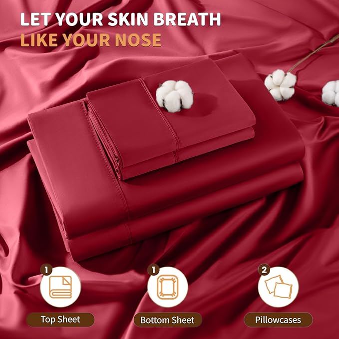 LBRO2M 100% Cotton Sheets Set Deep Pocket 19", 1000 Thread Count California King Size 4 Piece Bed Sheet Sets Soft Comfortable Bedding All Season (California King, Burgundy)