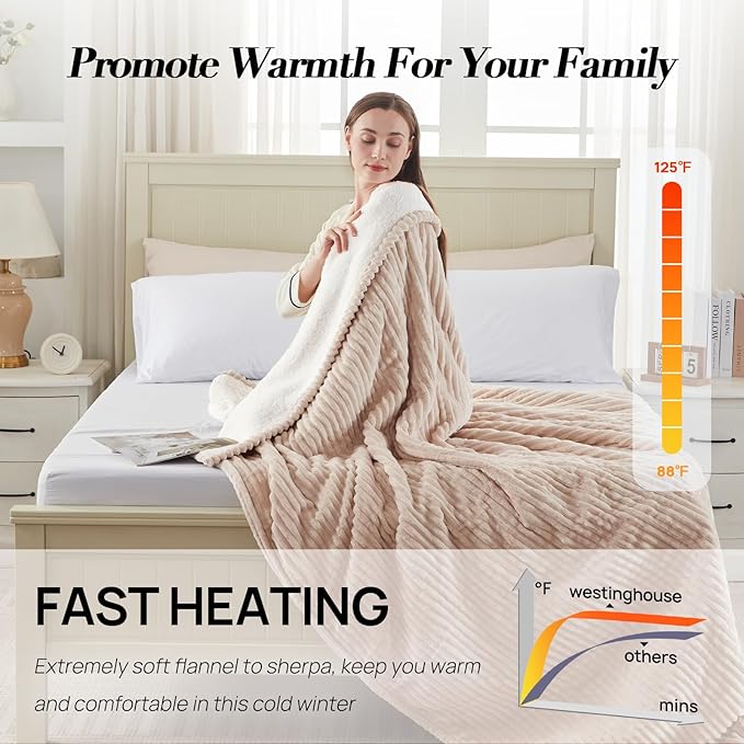 Westinghouse Queen Size Electric Blanket, Flannel to Sherpa Reversible, Heated Blanket Queen with Dual Control 10 Heating Settings & 1-12 Hours Auto Shut Off, Machine Washable, (84" x 90", Beige)