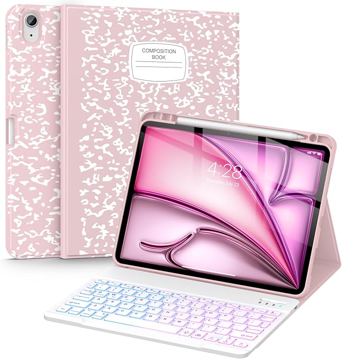 Supveco Keyboard Case for iPad Air 11 Inch (M3 2025,M2 2024),iPad Air 5th/4th Generation with Pencil Holder-7 Colors Backlit Wireless Detachable Folio Keyboard Cover with Soft TPU Back-Pink