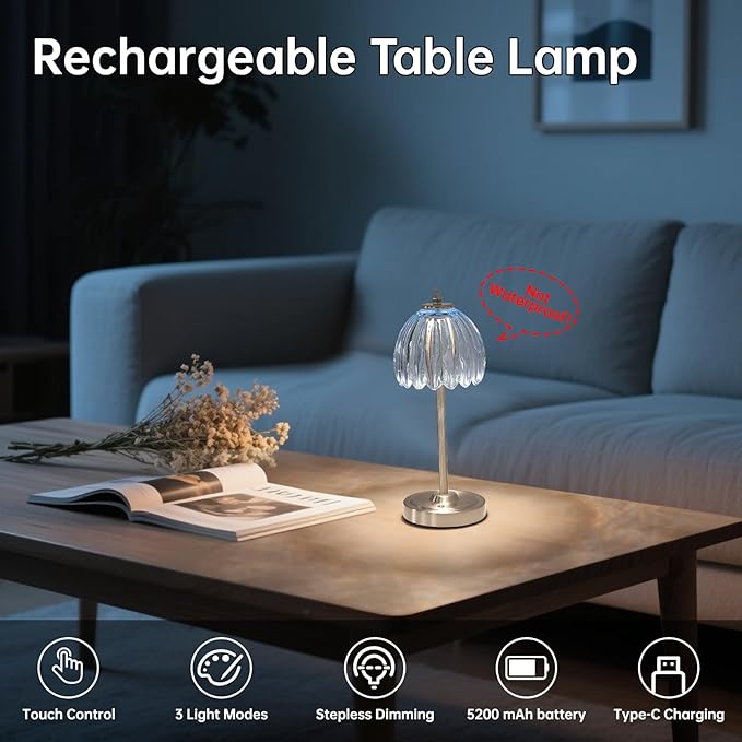 Tulip Table Lamp with 5200mAh Battery & Touch Control, Cordless Small Table Lamp with 3 Colors, Dimmable Rechargeable Table Lamps for Living Room, Bedroom, Bedside (Clear Light Blue Tulip)