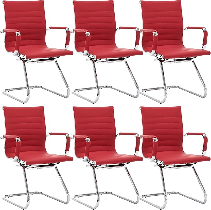 Wahson Office Guest Chairs Set of 6, Leather Reception Chairs, Mid Back Waiting Room Chair, Conference Chairs with Sled Base, Desk Chair No Wheels for Meeting/Lobby/Restroom, Dark Red