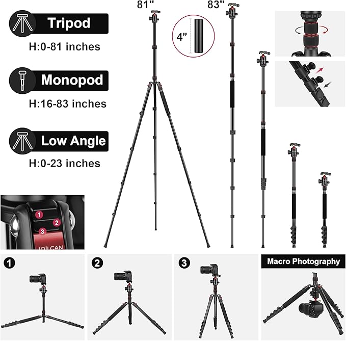 JOILCAN Tripod for Camera, 81" Aluminum Camera Tripod Monopod for DSLR, Heavy Duty Travel Tripods for Spotting Scope Binoculars Laser Level, Payload 35Lb