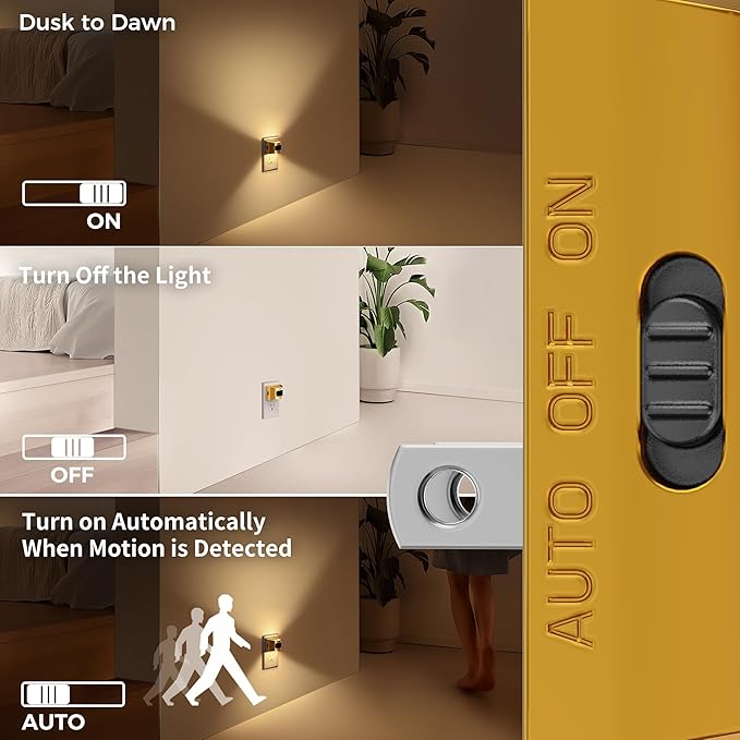 DORESshop LED Night Light[2 Pack], Night Lights Plug into Wall, 3 Mode Plug in Night Light with Motion Sensor, Dusk to Dawn Sensor, Nightlights for Adults, Bedroom, Bathroom, Hallway, Golden Cover