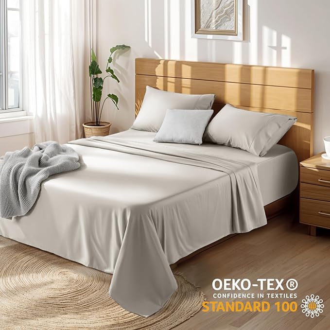 LBRO2M 100% Cotton Sheets Set Deep Pocket 19", 1000 Thread Count California King Size 4 Piece Bed Sheet Sets Soft Comfortable Bedding All Season (California King, Taupe)