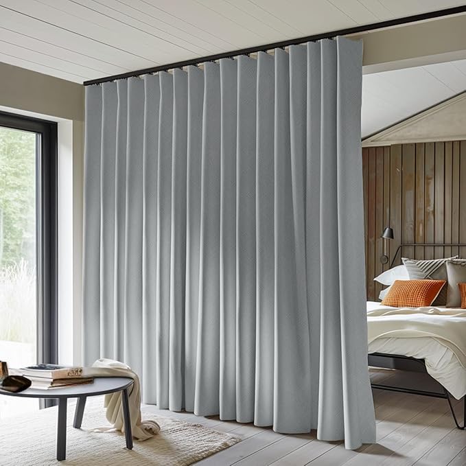 Room Divider Curtains Total Blackout Privacy Curtain Panel Room Thermal Insulated Noise Reduction Curtains for Bedroom Window Living Room Ceiling Track Curtain W 12.5 ft × H 9 ft Grey