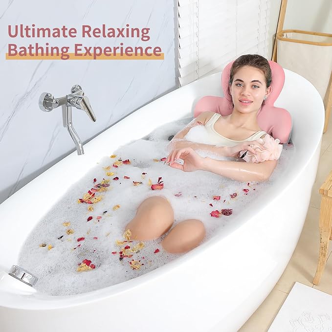 Bath Cushion, Full Body Bathtub Pillow with 160 Suction Cups, Bath Mat for Head and Neck Support, with Laundry Bag (Light Pink, 56.2" x 16.2")