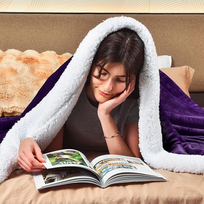 KAWAHOME Sherpa Fleece King Size Blanket for Bed - Extra Warm and Heavy Thick Blankets for Winter, Super Soft 500GSM Plush Blanket, 108" X 90" Purple