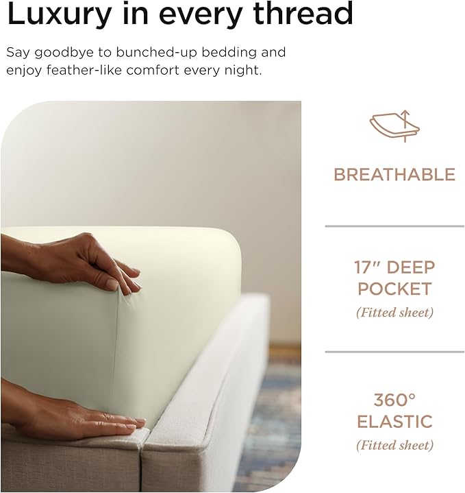Threadmill 100% Supima Cotton Sheets, 1200 Thread Count Cotton for Cal King Size Bed, 4 Pc Ivory Cal King Bed Sheets Set, 5-Star Hotel Quality with Elasticized Deep Pocket King Sheets