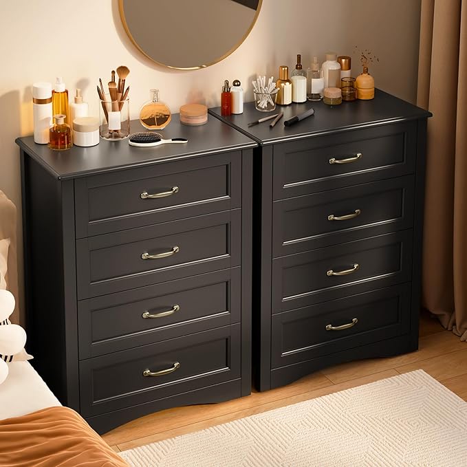 Gizoon Dresser for Bedroom with 4 Drawers Wooden Chest of Drawers for Closet Dresser Storage Unit Organizer for Hallway Living Room and Office, Black