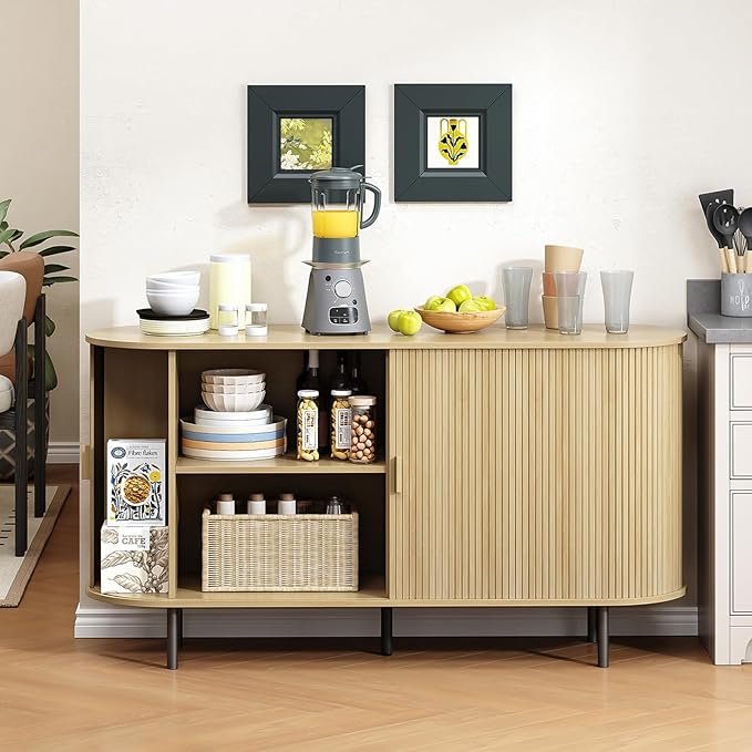 Buffet Cabinet with Storage, Fluted Sideboard Buffet with Sliding Door, Coffee Bar Cabinet with Adjustable Shelf, Console Table, Accent Table for Entryway, Kitchen (Oak, 55 Inch)