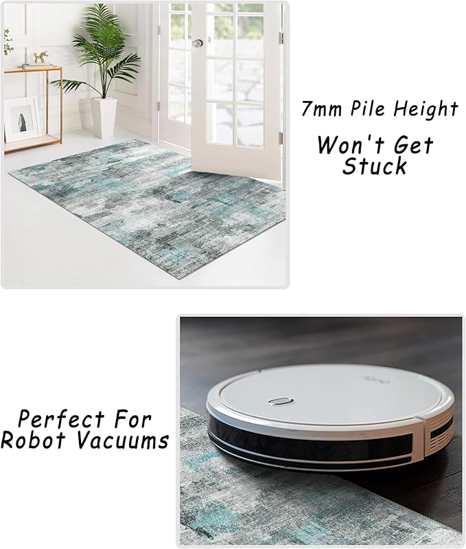 4x6 Rug, Small Area Rug for Living Room, Bedroom, Kitchen, Machine Washable Non-Slip Throw Rug, Modern Abstract Carpet for Entryway Nursery Coffee Table, Teal