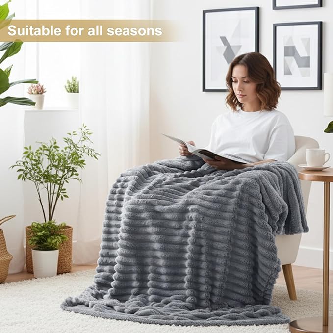 decorUhome Christmas Soft Fleece Grey Blanket Queen Size for Bed, Cozy Fluffy Plush Flannel Large Striped Throws for Couch Sofa, Lightweight Decorative Fuzzy Blanket for Woman, 90x90 Inches